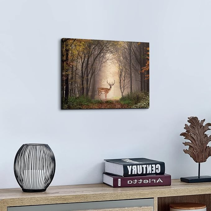 Wild Animal Landscape Canvas Wall Art Deer in Autumn Foggy Forest Picture Wall Decor Elk Wildlife Scenery Photo Prints Painting Decoration for Modern Living Room Bedroom Bathroom Home Art 12x16 Inch