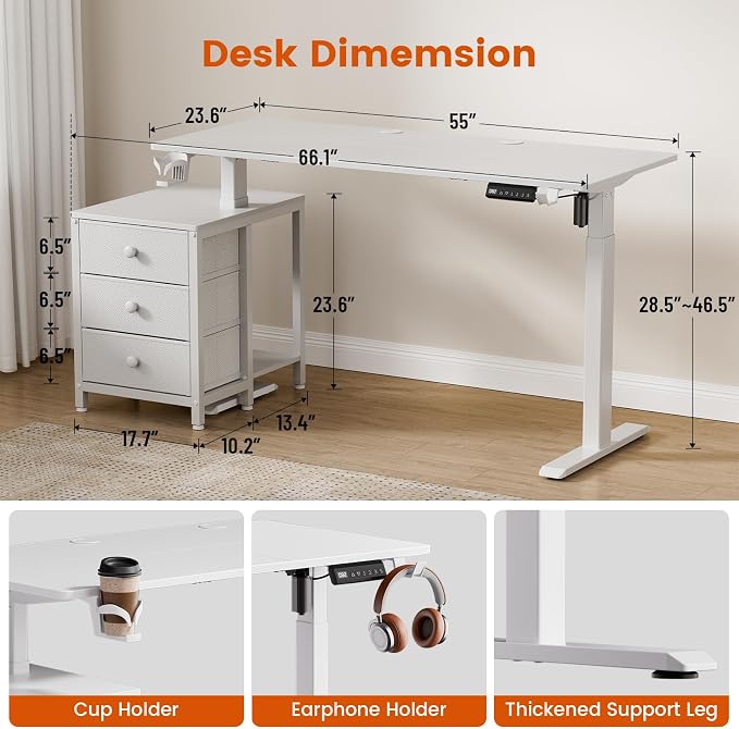 REAHOME 55 Inch White Electric Height Adjustable Standing Desk with Drawers | Dual Motor Sit-Stand Frame With 3 Memory Presets, Printer Cabinet, Hooks & Cable Management For Home Office Gaming Desk