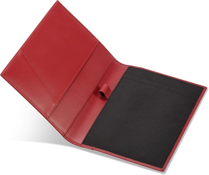 HISCOW Slim Leather Junior Padfolio, 5x8 Notepad Cover, Bordeaux | Italian full-grain cowhide, top-loading legal pad holder, rigid pen loop, quick-access card slot, zipperless boardroom design
