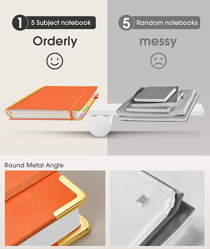 Hardcover Spiral Notebook 8.5"x11" Journal with Removable Dividers Tabs, 300 Pages Leather 5 Subject Notebook College Ruled, Large Notebooks for Work School, Lined Journal for Women, A4 Orange