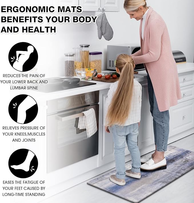 MAYHMYO Blue Kitchen Rugs Anti Fatigue Cushioned Non Skid Waterproof Runner Rug and Mats Memory Foam for Floor Laundry Office Sink