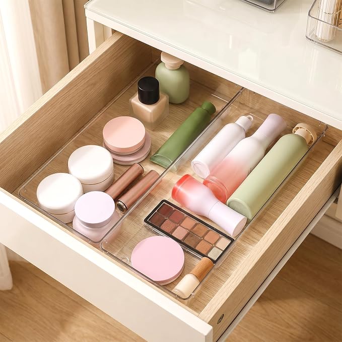 6 Pack Clear Plastic Drawer Organizer Tray 15 x 6 x 2 Inch Large Clear Drawer Organizer Set with Non-Slip Silicone Pads Stackable Drawer-Organizer Traysfor Makeup, Bathroom, Kitchen Utensils, Office,