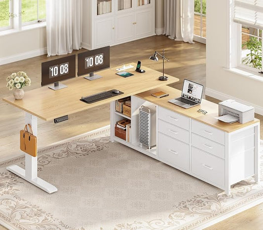 SEDETA L Shaped Electric Standing Desk, 55" x 55" Height Adjustable Office Executive Desk with 6 Fabric Drawers and Storage Shelves, Sit Stand Computer Desk with Power Outlet