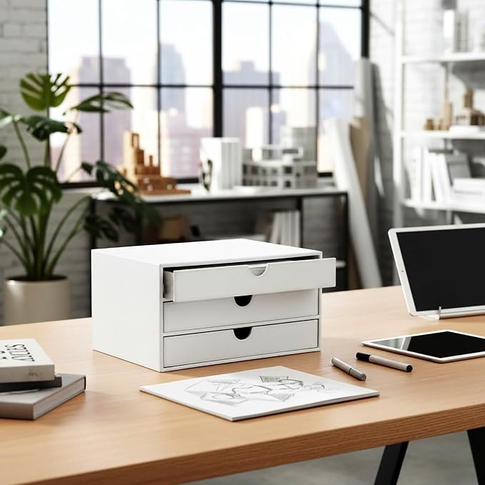 UnionBasic Document Organizer, 3-Drawer File Cabinet Document Storage Box, Office Desktop Filing Organizer, Croco White