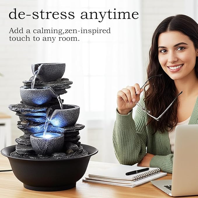 10.6” High Tabletop Water Fountain - 4-Tier Tabletop Fountain Indoor with LED Light, Rock Style Cascading Desk Fountain, Zen Relaxation Water Feature for Office, Living Room or Bedroom Decor