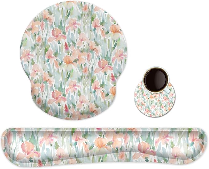 Ergonomic Keyboard Mouse Pad Wrist Rest Support Set for Laptop/Computer/Desktop,Memory Foam Hand Rest Wrist Cushion for Gaming/Office,Lightweight Comfortable & Pain Relief (Watercolor Flowers)