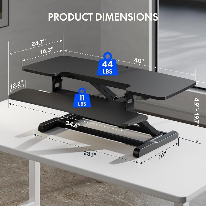 FLEXISPOT 40" Electric Standing Desk Converter, Motorized Sit to Stand Desk Riser, Height Adjustable Desktop Dual Monitor Workstation with Large Keyboard Tray, Black