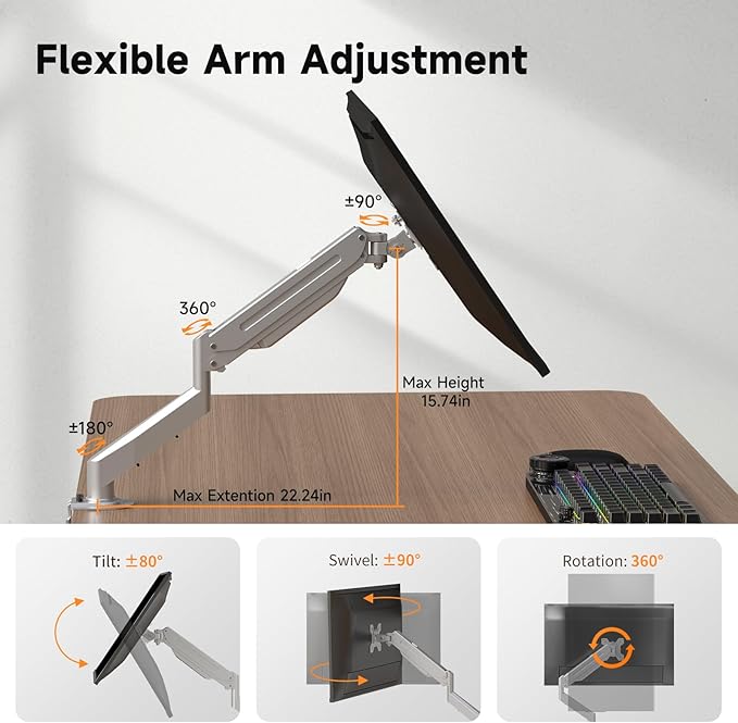 Suptek Monitor Mount Gas Spring Monitor Arm Desk Mount Fully Adjustable Fits 17 20 22 23 24 26 32 inch Monitors Weight Capacity up to 22 lbs (Silver)