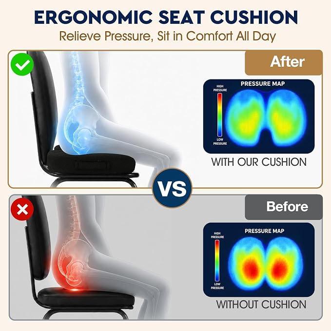 TushGuard Office/ Car Seat Cushion, Non-Slip Sciatica & Back Coccyx Tailbone Pain Relief Chair Pad, Memory Foam Butt Pillow for Computer Desk, Wheelchair, Driving (Black)