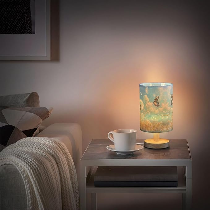 Table Lamp Dandelion Field Butterfly Nature Blue Sky Nightstand Lamp with Wood Base Fabric Lamp Shade Bedside Desk Lamp for Living Room Bedroom Kids Room Office