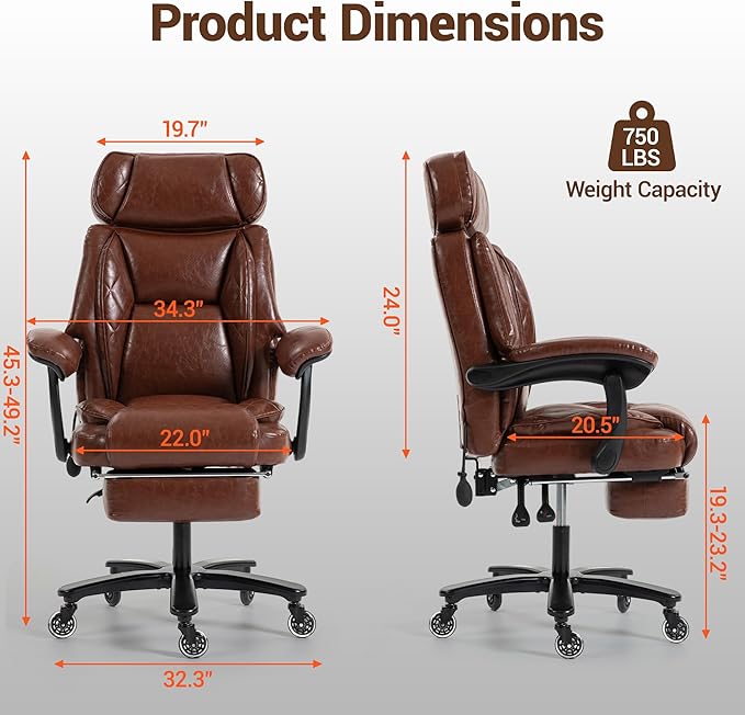 750 LBS Big and Tall Executive Home Office Chair w/Footrest, Black | PU leather, Built for Heavy People, Lumbar Airbag, High Back, Wide Seat, Reclining 90°-155°, Home Office Gaming Room