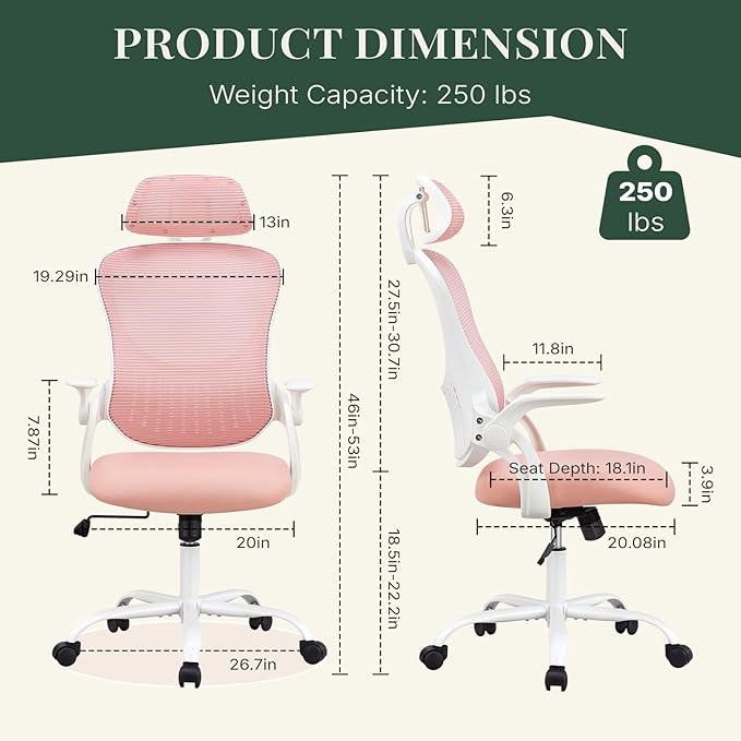 Ergonomic Office Chair, Desk Chair Comfy with Wheels, Adjustable Headrests, Small Office Chair with arms, Breathable Mesh High-Back, Comfortable Swivel Seating for Home Office, Pink