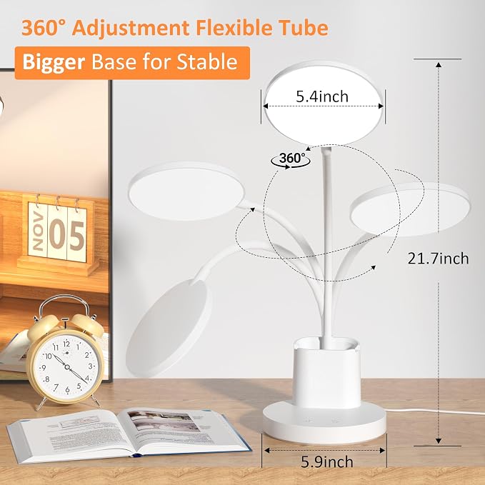 Desk Lamp, LED Desk Lamps for Home Office, Touch Table Lamp with 3 Color Modes 360° Adjustable Arm, Dimmable Desk Light with Pen Phone Holder for College Dorm, White