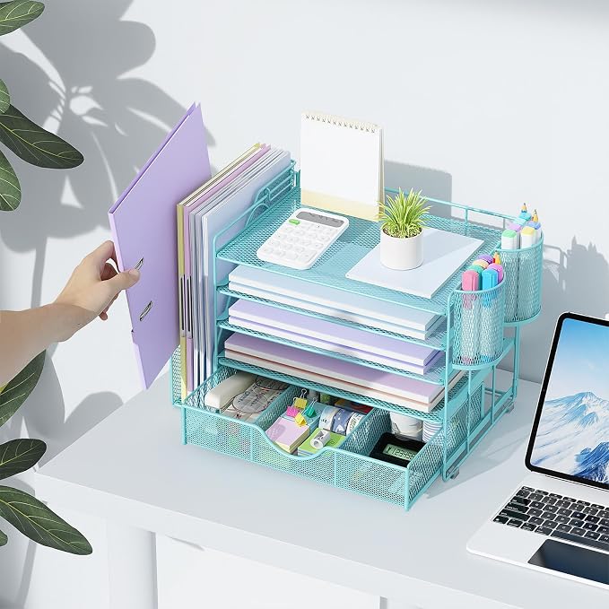 gianotter 5-Tier Desk Organizer with Drawers and File Holders | Letter Trays and Pen Holders - Workspace Accessories for Office Supplies (Blue)