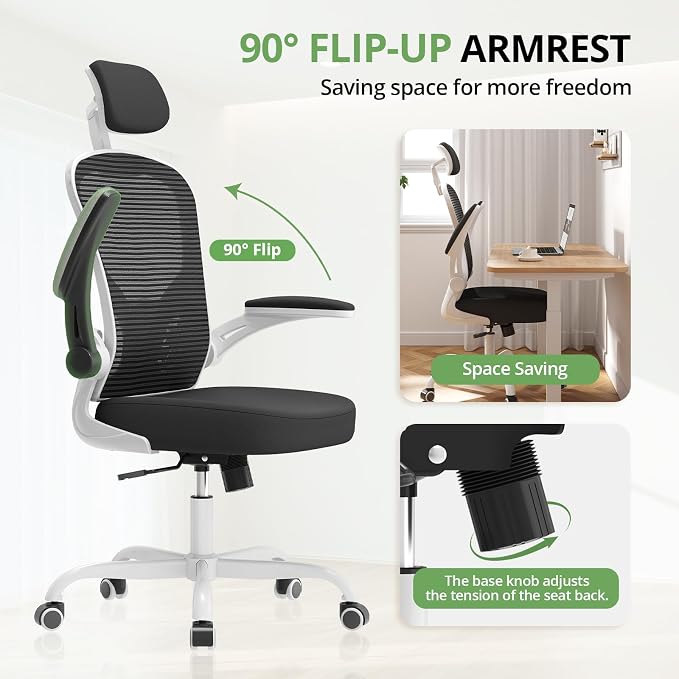 Office Chair Ergonomic Desk Chair, 330LBS Capacity, High Back Computer Design for Long Hours Comfort, Rolling Swivel Executive Task for Home Office with Flip-up Armrests(White Black)
