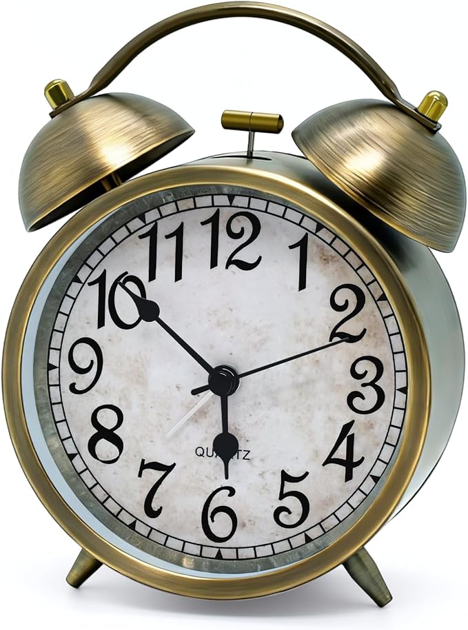 Vintage Twin Bell Alarm Clock - 4.5'' Non-Ticking Analog Desk Clock | Silent Antique Brass Finish, Retro Table Clock for Bedroom Office Home Decor, Battery Operated Loud Alarm for Heavy Sleepers