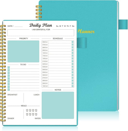 Daily Planner Undated, To Do List Notebook with Hourly Schedule Calendars Meal, Spiral Appointment Organizers Notebook for Man/Women, Pocket, Pen Loop, 160 Pages (5.5x8.5")
