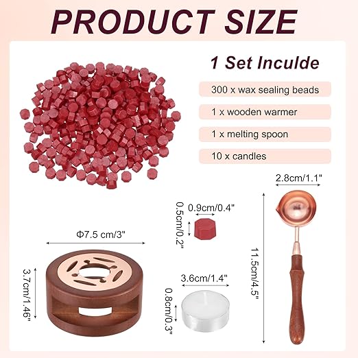 PATIKIL Wax Seal Kit, 300 Pcs Wax Sealing Beads, Wooden Warmer, Melted Spoon, 10 Pcs Tealight Candles for Envelope Letter Mailing Crafts DIY, Pearl Red