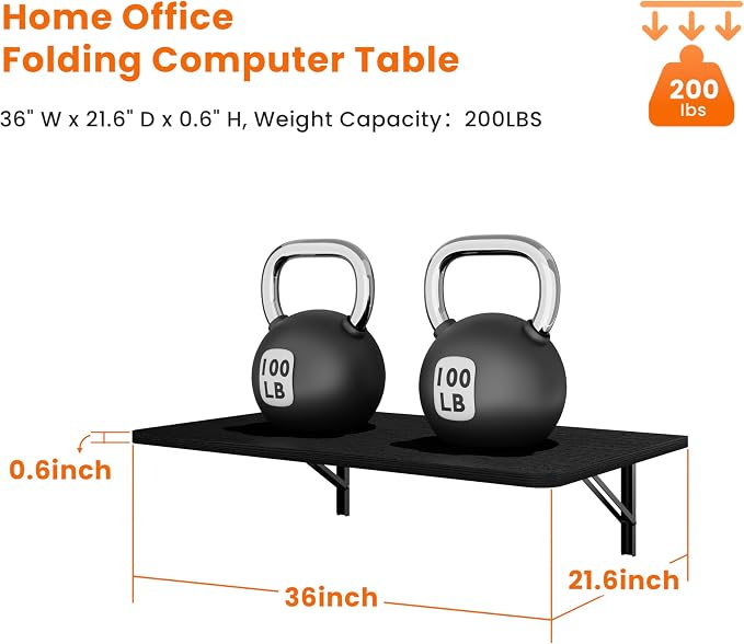 IAE Wall Mounted Floating Foldable Desk, 36" x 22" Folding Computer Workstation Table with Engineered Wood and Metal Shelf Brackets,Fold&Floating Design for Home Office, Apartment,Laundry Room,Black