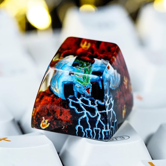 Blue Dragon Artisan Keycap with Volcano - 1U ESC, R1 SA Profile Custom Handmade Resin Cherry MX Switch Key Cap Mechanical Keyboard, Cool Tech Gifts for Men, Dad, Father, Gamer, Space Lover