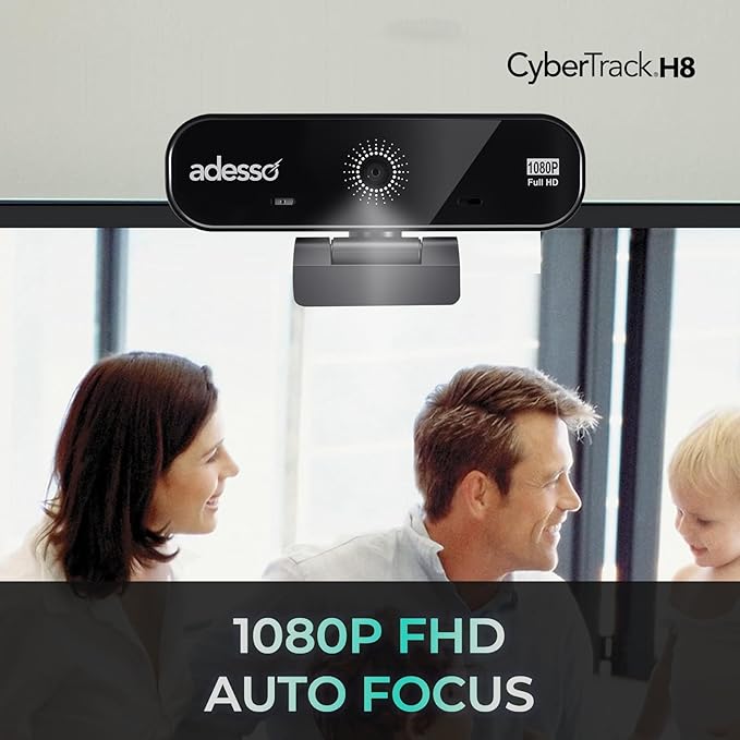 Adesso CyberTrack H8 Webcam 1080P Full HD with Auto Focus Lens, Dual Microphones Noise Cancellation, Privacy Shutter, Tripod Mount, USB Computer Camera for Video Conferencing