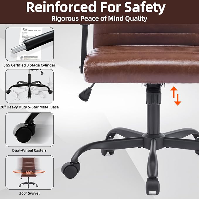Office Chair, Ergonomic Executive Conference Room Chairs, Ribbed Leather Desk Chair with Lumbar Support, Adjustable Height Mid-Back Swivel Chair with Padded Seat