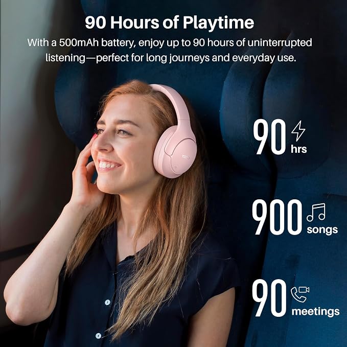 TOZO HT3 Hybrid Noise Cancelling Headphones, 90H Battery Life Wireless Over Ear Bluetooth 6.0 Foldable Headset, AI Voice Assistant with 5 Mics, Connect 2 Devices & Hi-Res Sound, 32 Audio EQ, with Case