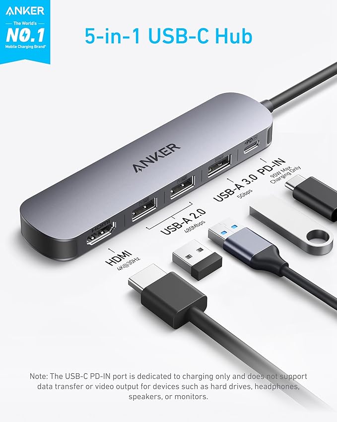 Anker USB C Hub, 5-in-1 USB Hub for Laptops, 4K HDMI USB-C Multiport Adapter with 90W Max Power Delivery, 3 USB A Data Ports USB C Dongle, Compact for MacBook, Dell, and More (Charger Not Included)