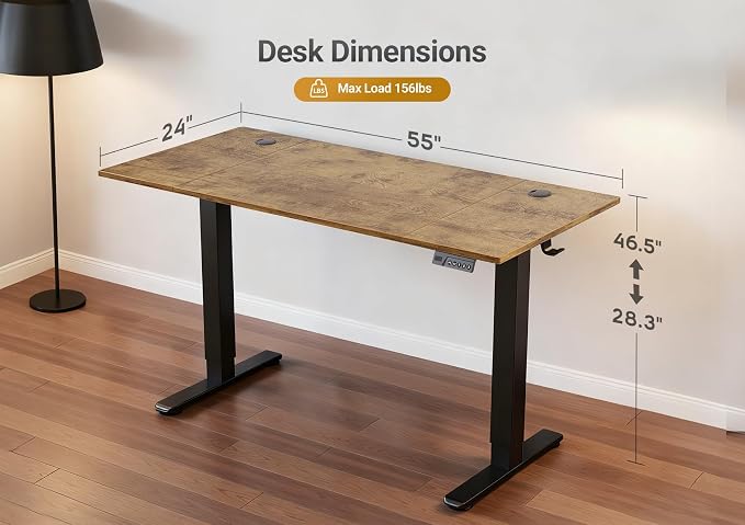 YDN Electric Standing Desk, 55x24 Inch, Rustic Brown | 3 Memory Presets, Cable Management, Adjustable Height, Sit Stand, Computer Workstation, Home Office