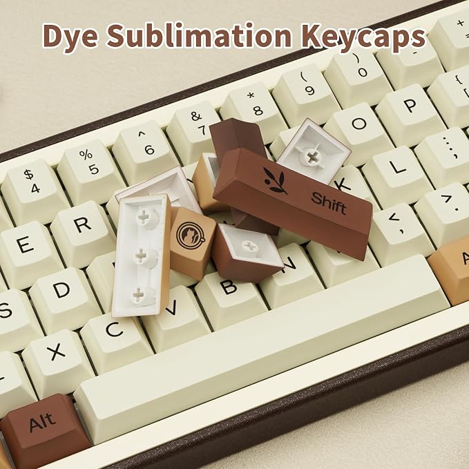Brown PBT Keycaps, Coffee Cat Cute Keycaps, Cherry Profile Key caps 60 65 75 100 Percent, Dye-Sublimation Custom 130 Keys Set for 100%, 75%, 65%, 60% Cherry Gateron MX Switches Keyboards