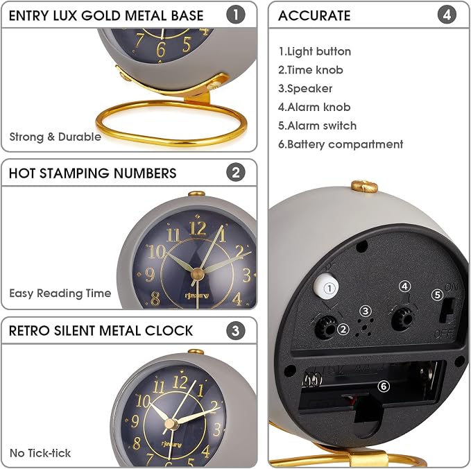 rjuwurv Metal Desk Alarm Clock, Retro Bedroom Table Vintage Analog Alarm Clock, Silent Non-Ticking Gold Clock, Bedside Décor(Sinor Gray)