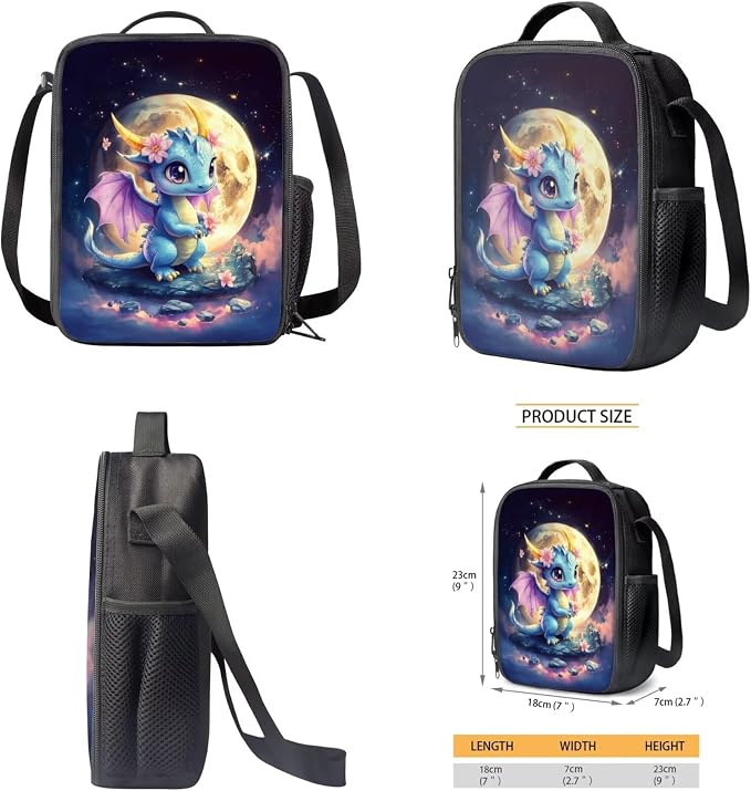 WELLFLYHOM Moon Dragon Elementary School Backpack for Girls, Cute 4PCS Set Backpack with Lunch Box for Kids 6-11, 17 Inch Bookbag with Adjustable Strap for All Day School