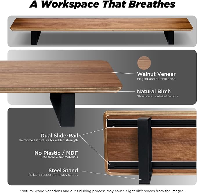 Moodular Wooden Monitor Stand Desk Organizer, Large 45.6" Walnut | Customizable Organized Workspace, Aluminum Slide Rails, 10 Add-Ons Sold Separately: Storage Drawer, Tablet, Phone & More