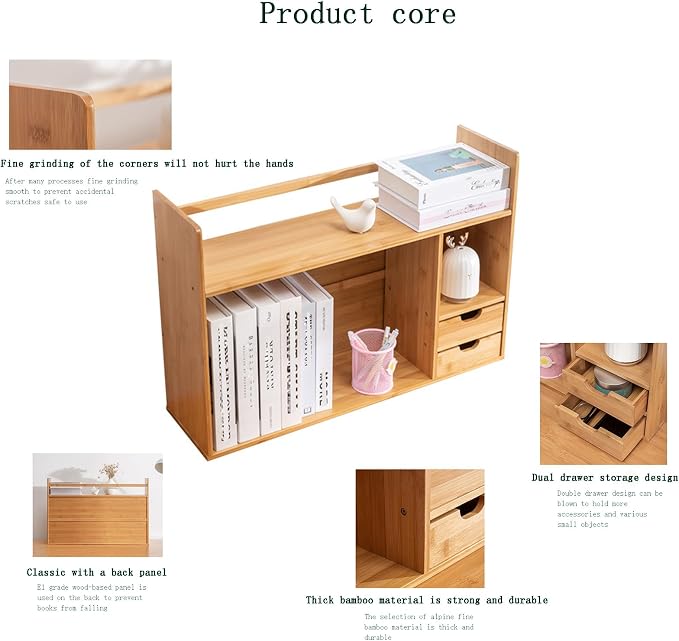 Bamboo Desktop Bookshelf 2-Tier Desk Organizer with Drawers | 22.8"x7.5"x18.1" size with rounded corners, fit office dorm bedroom; holds books & stationery, easy to assemble