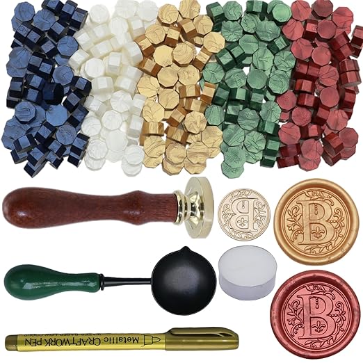 Wax Seal Stamp Kit, Retro Initial Alphabet Letter B Sealing Stamp with 150Pcs Sealing Wax Beads Spoon Pen Set for Wedding Invitations Cards Envelopes (B)
