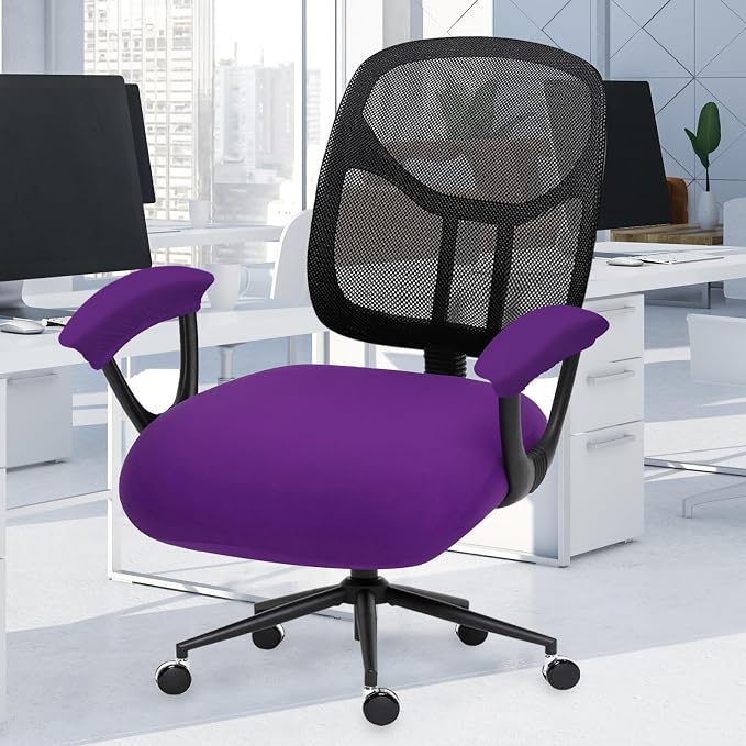 Stretchable Desk Office Chair Seat Cushion Covers with Armrest Covers - Universal Spandex Computer Chair Slipcover - Removable Washable Cushion Protectors for Dogs, Cats, Pets (Purple)