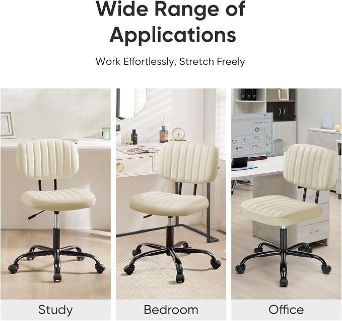 DUMOS Small Office Desk Chair, Armless Vanity Chair with Lumbar Support | PU Leather, 360° Rolling Task, Height Adjustable, Home Bedroom, Adult, Student, Beige White