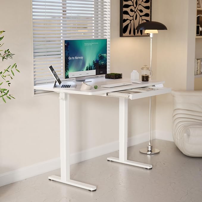 YDN Electric Standing Desk 48 x 24 Inch with Drawer White | Industrial steel frame supports 176 lbs, 28.3 to 46.5 inch height range, quiet 45 dB motor, 25.6 x 12.6 inch storage drawer