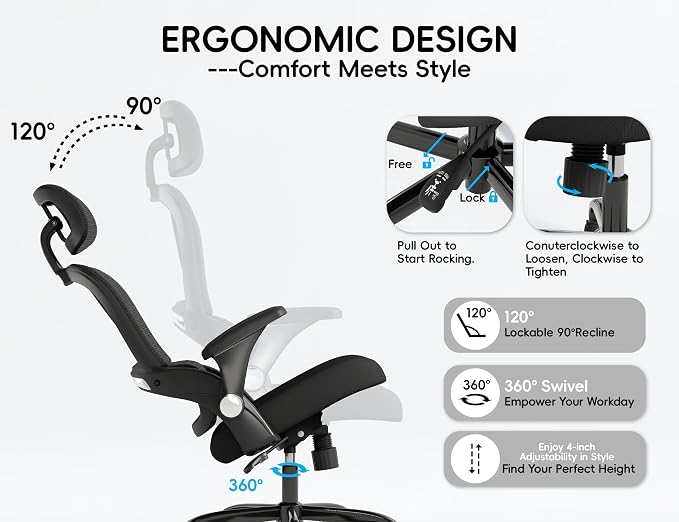 TRALT Office Chair - Ergonomic Office Chair with Back Support, Computer Chair - Home Office Desk Chair, 330 lbs Wide Seat Big and Tall Office Chairs with Headrest, Comfy Desk Chairs (Black)