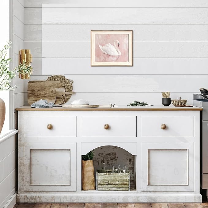 Uniro Framed Canvas Wall Art Swan Decor, Vintage Wall Art Animal Oil Painting Bathroom Wall Decor, White Swan Vintage Art Prints for Pink Room Decor, Pastel Pink Coquette Room Decor for Nursery, Bedroom, Girly R.oom D.ecor- 10x12 inches