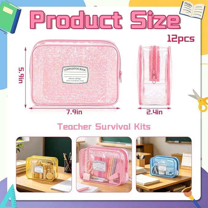Suclain 12 Pack Back to School Gift for Teacher, Colorful Composition Book Theme PVC Zipper Organizer Pouches, 7.9 × 5.9 × 2.4 in Storage Bags for Classroom Rewards Teacher Student Gift