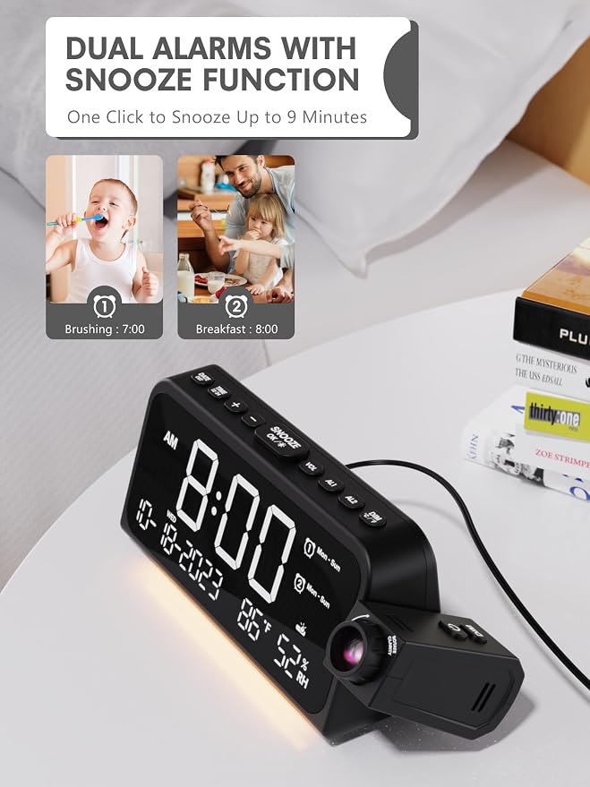 Mesqool Projection Alarm Clock Ceiling Display, with Temperature, Humidity | Dual Alarms, 5-Level Dimmer, Date, Night Light, Weekday/Weekend Mode, 12/24H, DST, , Snooze, 180° Rotatable, for Bedroom