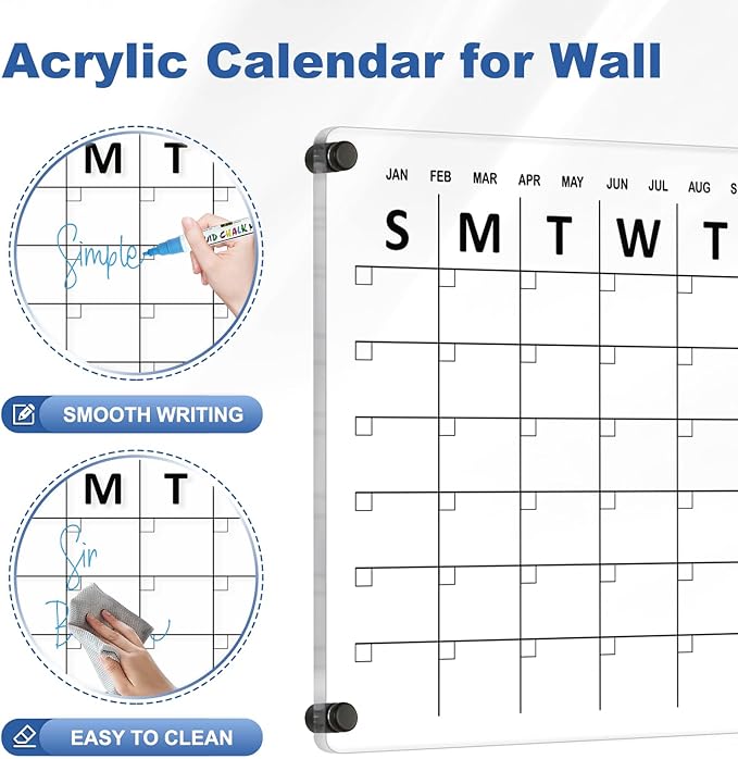 Large Acrylic Calendar for Wall, 24" X 16" Black Clear Acrylic Wall Calendar, Clear Wet & Dry Erase Calendar Hanging Frameless Monthly Planner for Office, Home or School, 2 Markers