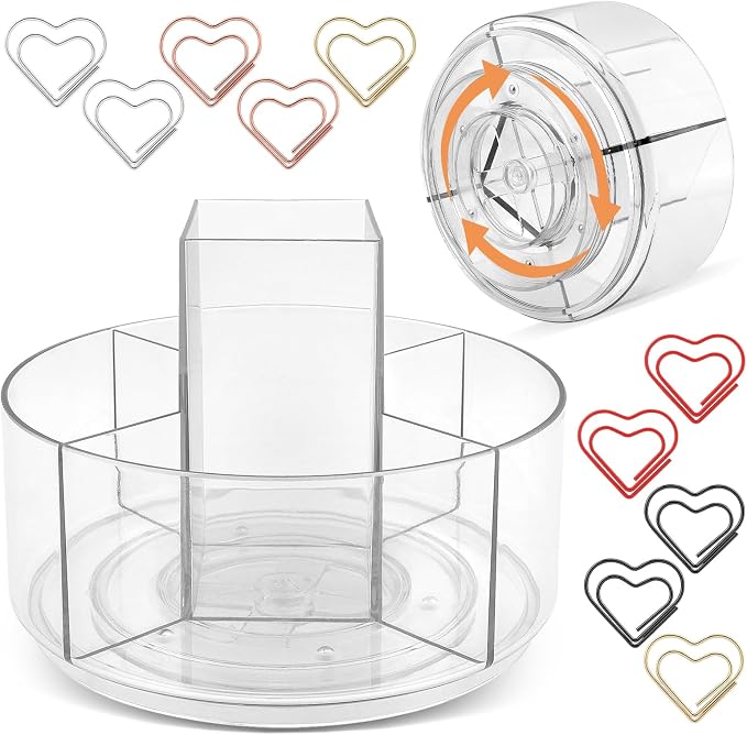 HONUTIGE Acrylic Desk Organizer Clear, 360 Degree Rotating Pen Organizer Large Pen Holder with Mini Paper Clips Stationery Supplies Marker Holder Art Supply Storage Organizer 5 Compartments