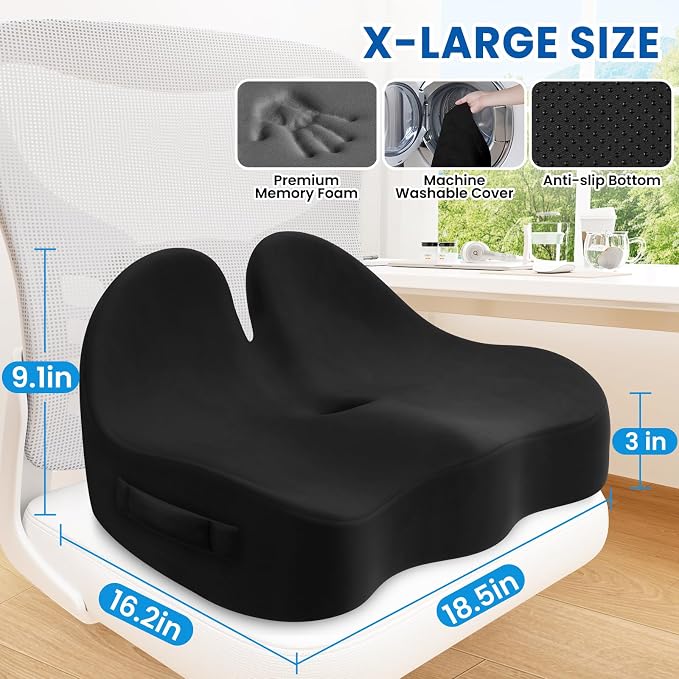 Seat Cushion, Chair Cushions, Memory Foam Office Chair Cushion | Hip & Sciatica & Tailbone Pain Relief, Long Sitting Comfort for Office Chairs/Desk Seats/Wheelchair (X-Large, Black)