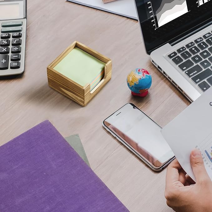 Burnt Wood Sticky Note Holder, 3 x 3 Inch Post It Note Dispenser for Office Desk Accessories, Self Stick Note Pad Holder, Memo Pad Holder Dispenser Organizer for School Office Desk Supplies