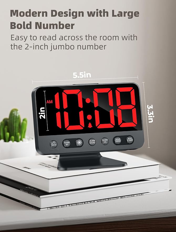 Odokee Digital Alarm Clocks for Bedrooms with Large Bold Number | Electric Desk Clock with Night Light & Brightness Dimmer - Loud Alarm for Heavy Sleepers with Adjustable Volume - Red