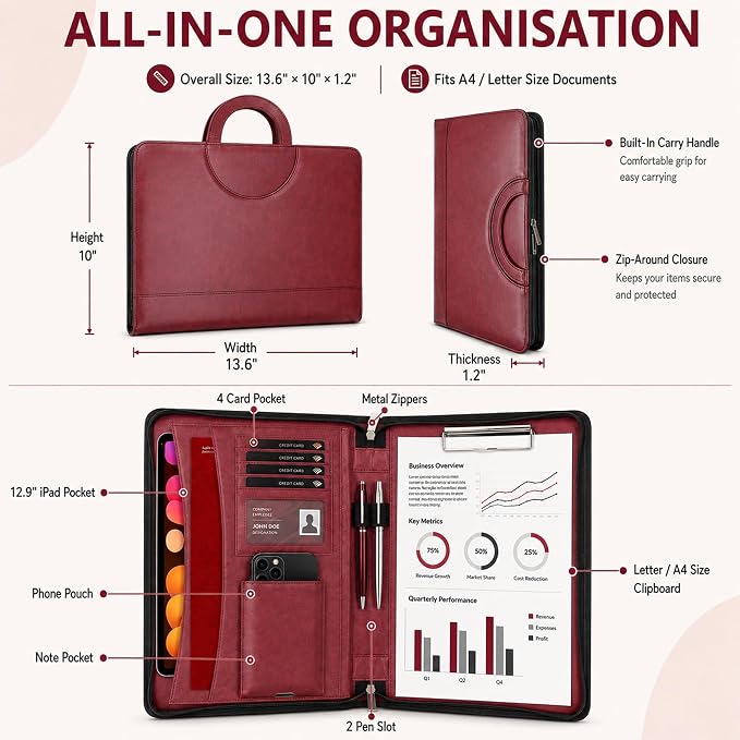 Darolin Vegan Leather Padfolio Portfolio with Handle, Zipper -Redwine | Business Portfolio Organizer for Meetings, Interviews, Travel, Resume, Clipboard Fits A4, Letter Size, Padfolio for Men Women