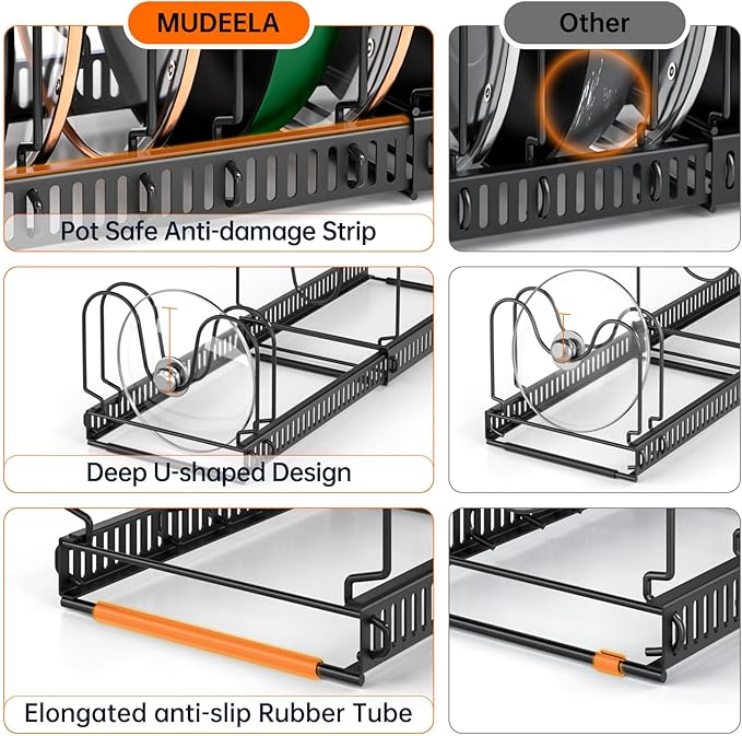 MUDEELA Expandable Pot Pan Lid Organizers inside Cabinet, 14 Divider-Black | Expandable 11.8–22.9", 14 Adjustable Divider, Tool-Free Assembly, Non-Slip, Scratch-Proof, For Pan Lid Cutting Board Bakeware