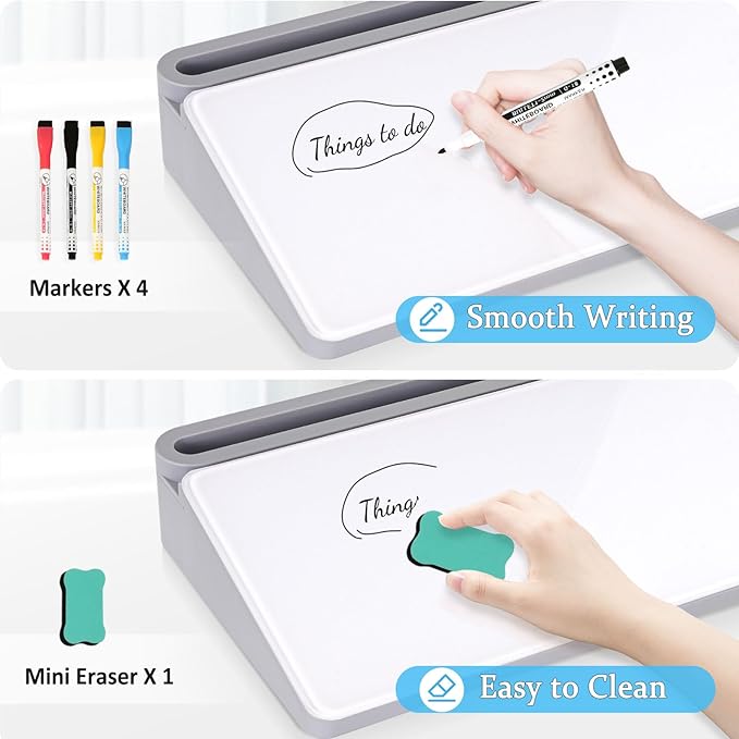 DOLLAR BOSS Glass Desk Whiteboard Small Dry Erase Board Desktop White Board with Storage Drawer Computer Keyboard Stand Desk Organizer Office Accessories School Supplies with 4 Markers 1 Eraser, Grey